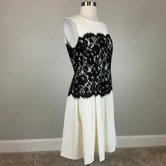 Calvin Klein Lace and Crepe Fit and Flare Cocktail Dress White and Black Size 6 - Picture 3 of 11